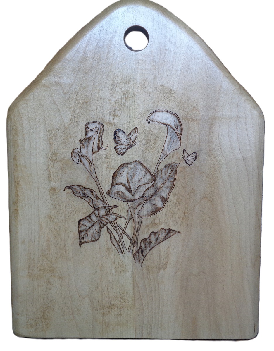 calla lilies, butterflies woodburined on a maple board