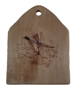 Flying duck wood burned on maple wood