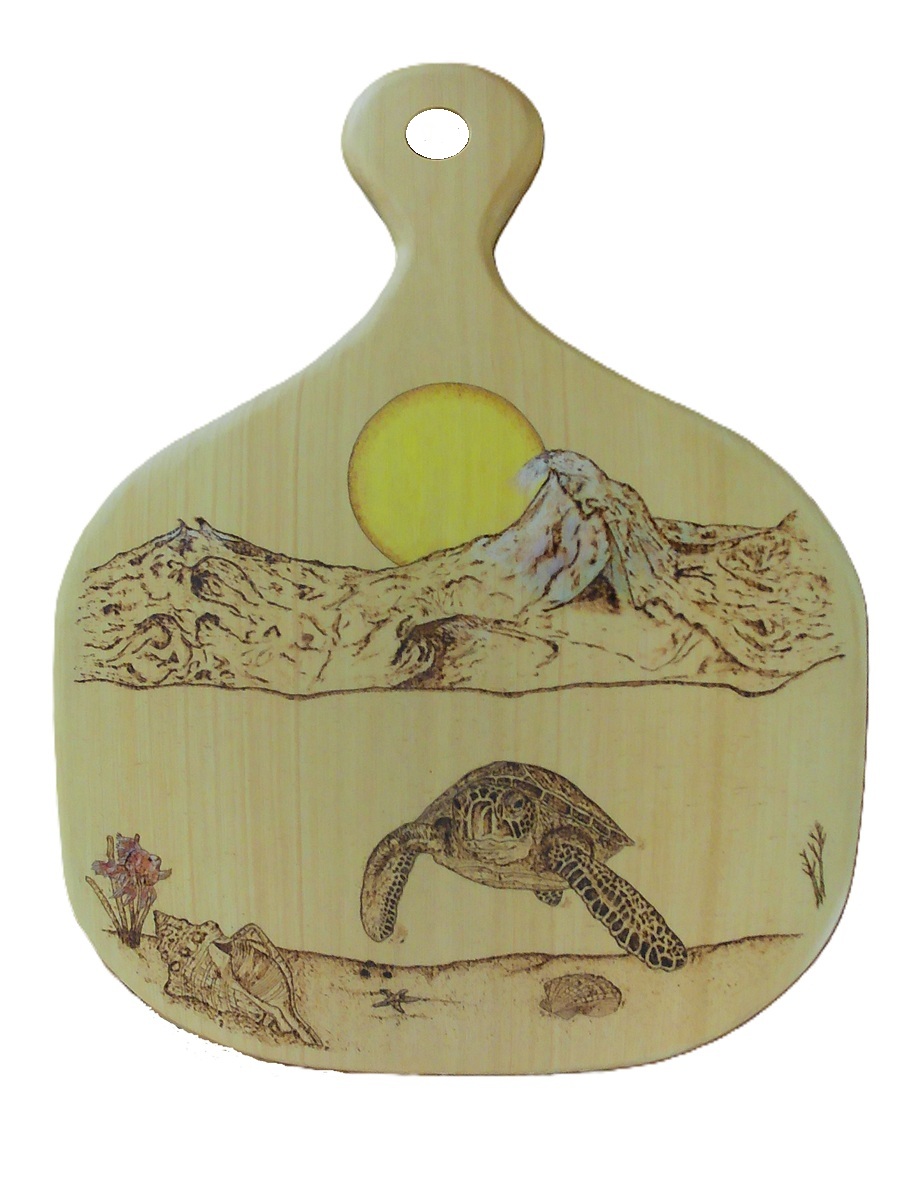 seascape with turtle on goiaboa wood