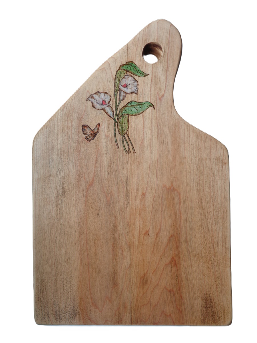 Butterfly & grapes wood burned on goiaboa wood